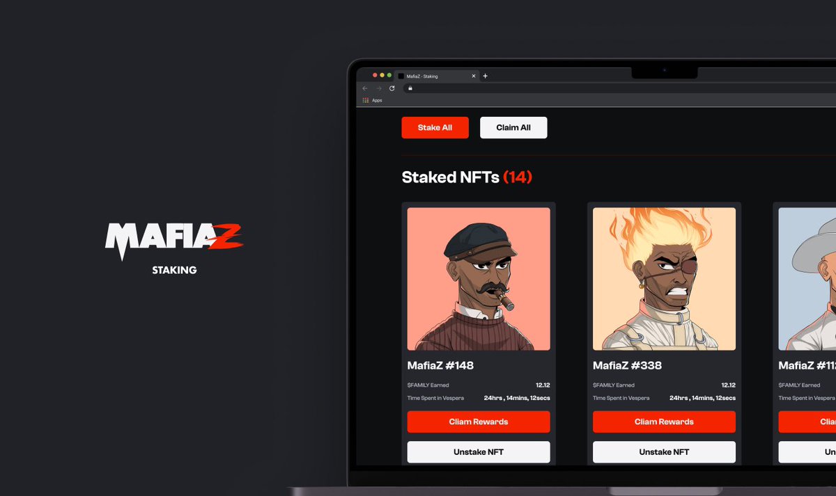 It’s finally here.

All MafiaZ holders will be able to stake their NFTs from Monday 13th May.

More announcements on its rewards soon. 🔫