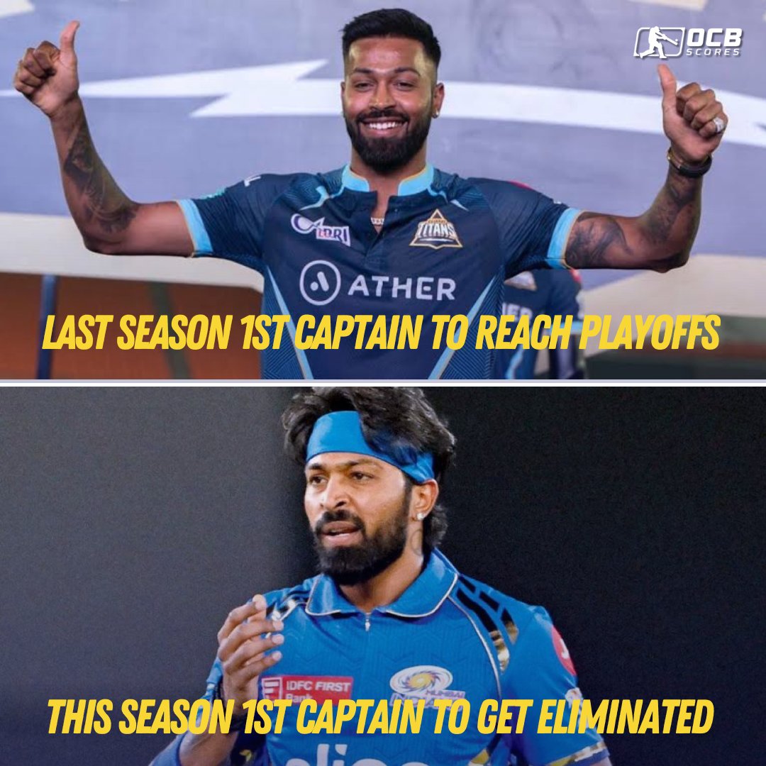 📢

@hardikpandya7 first captain to reach #ipl2023 playoffs & first captain to be eliminated from #ipl2024. 
.
.
#cricket #eliminated #hardikpandya #mumbaiindians #gt #ipl #trending #viral