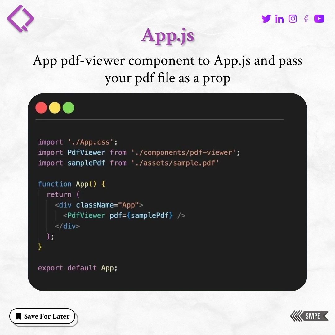 qubycles's tweet image. "Unlocking seamless document viewing with React PDF 📄💻 Dive into a world of effortless integration and smooth rendering. #ReactPDF #DocumentViewing #TechSolutions"
Follow us 👉 @qubycles !! 
Visit Us:- qubycles.com
#qubycles #iamindustryready #BeJobReady #reactjs