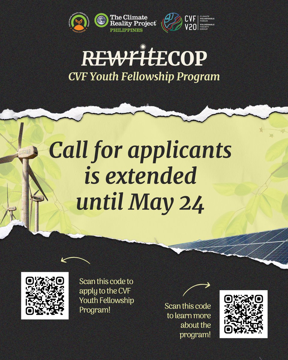 The application period for @TheCVF @V20Group Youth Fellowship Program is extended until MAY 24, 2024. o apply, go to: bit.ly/cvfyouth. For more details, go to: climatereality.ph/youthfellowshi…. #RewriteCOP #LeadOnClimate #ClimateRealityPH