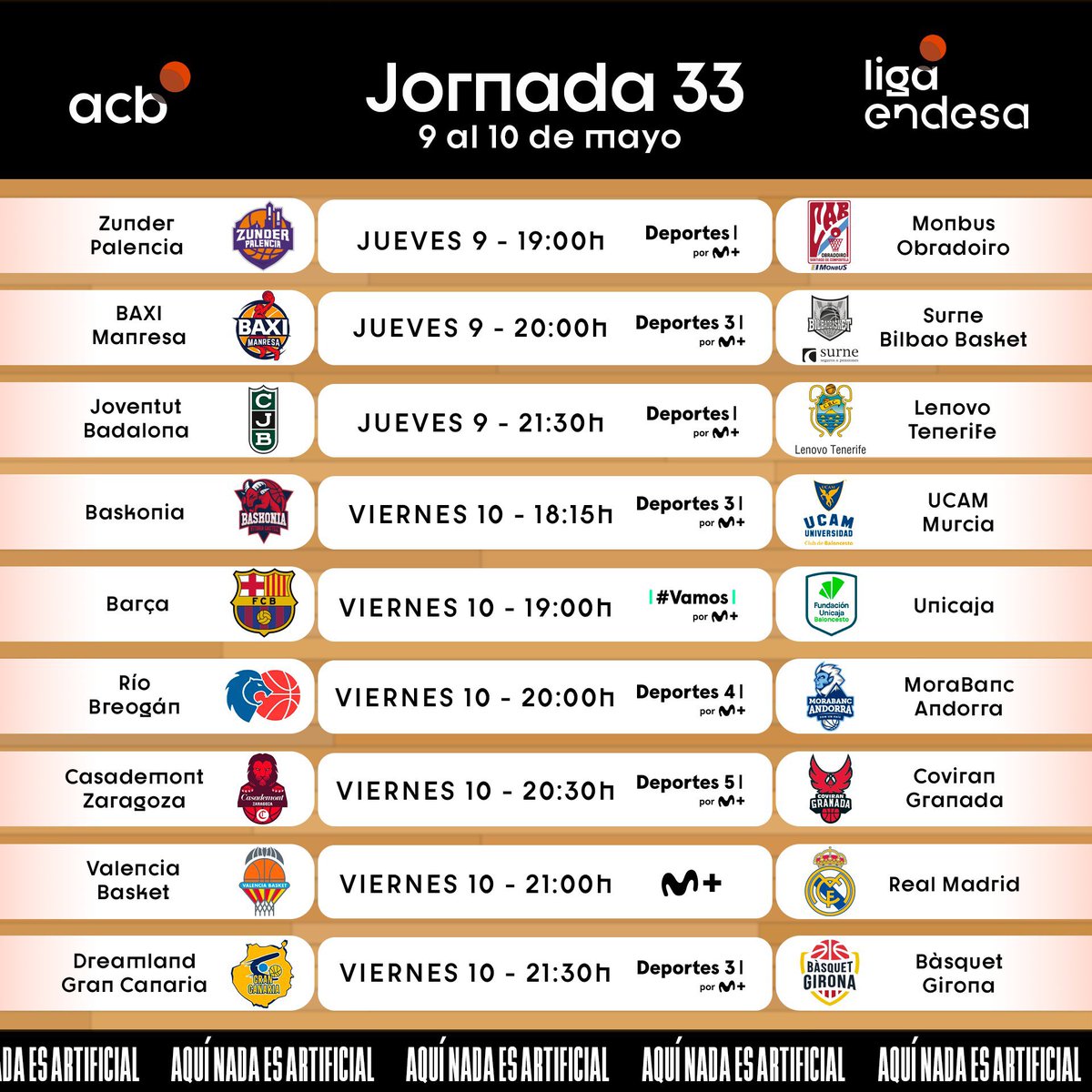 ⏰ Queda 1️⃣ hora para que comience la Jornada 3️⃣3️⃣, la penúltima de este #SuperManagerACB 😱 📲 No olvides hacer tus cambios. 📆 Este es el menú de partidos para hoy y mañana.