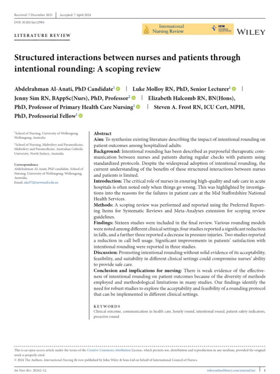 It is a great pleasure to see this paper published in the official journal of the International Nursing Council 'JCN'. A great resource for shaping future research in patient safety! I'm so lucky to have all of you @StevenAFrost @jennysim_1 @LizHalcomb @lukemolloy