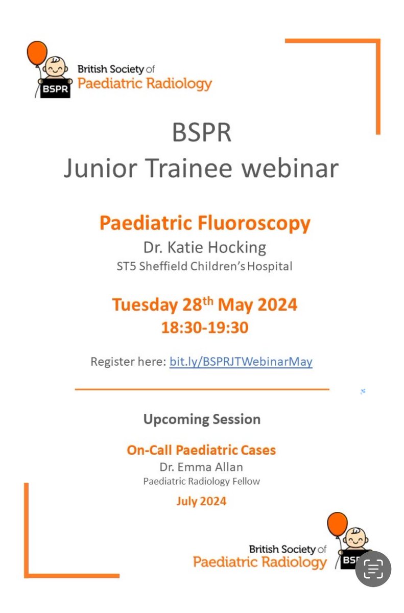☀️☀️New trainee webinar☀️☀️ Paediatric Fluoroscopy by Dr Katie Hocking from @SheffChildrens Tue 28 May 2024. Zoom link will be posted on our website soon: bspr.co.uk/junior-forum/j…