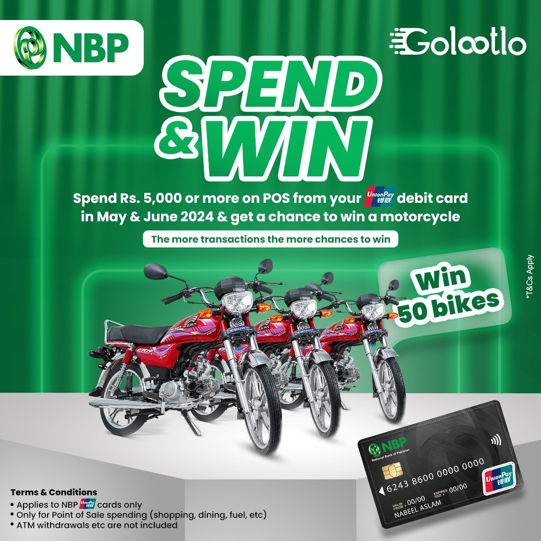 SPEND & WIN with NBP UPI Debit Card on POS during May & June 2024 to get a chance to win a motorcycle. 
Spend Rs. 5,000/- or more.
More transactions, more chance to win a motorcycle.
*Terms and Conditions Apply

#NationalBankofPakistan #NBP #WinMotorcycle #UnionPay #DebitCard…