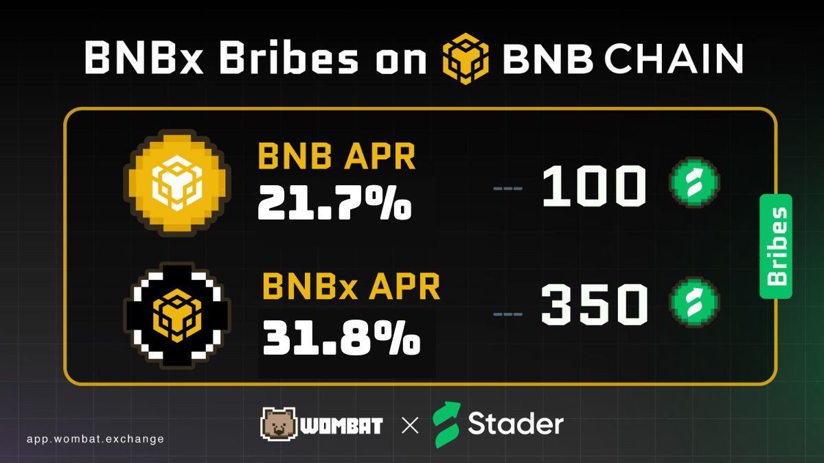 Attention $BNBx holders! 📣 450 $SD have been infused into the Wombat Bribe Market by @stader_bnb with up over 31% APR! #veWOM voters for $BNBx - $BNB gauges will get a share of those incentives this epoch. 💥 Vote to earn now! 🗳️