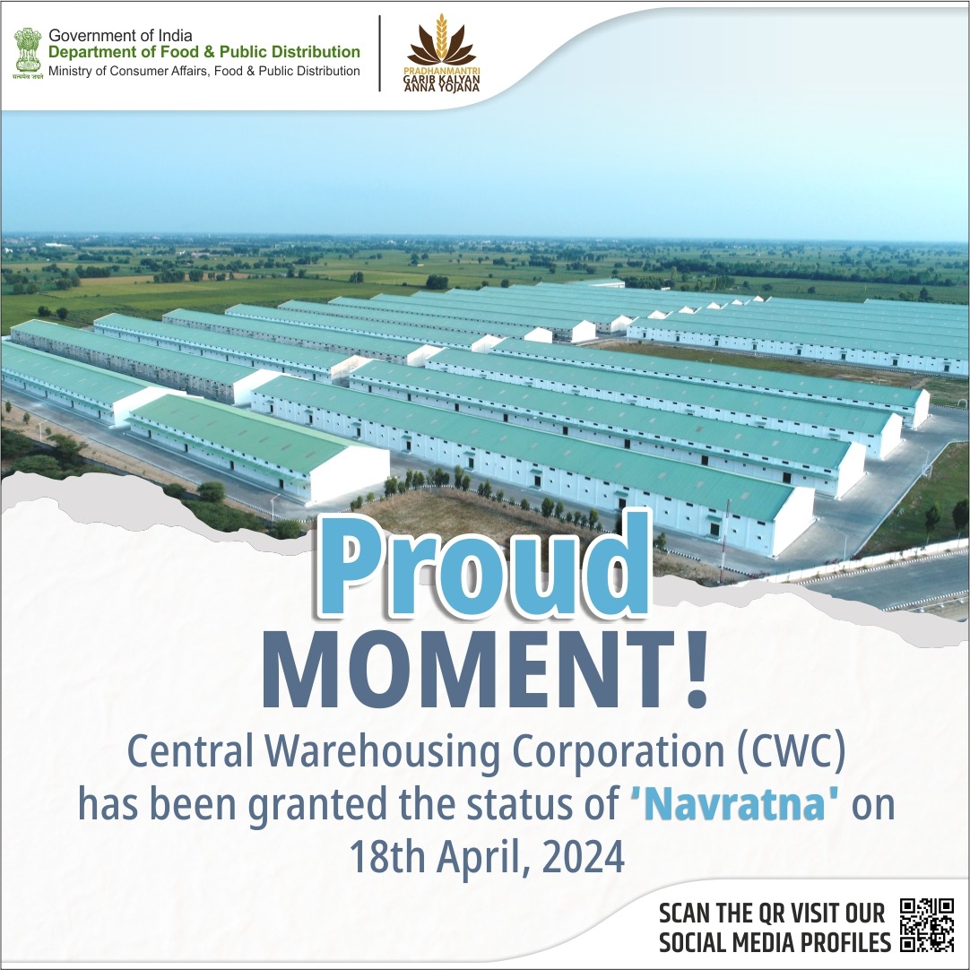 Milestone Achieved!

Central Warehousing Corporation (CWC) earns the prestigious 'Navratna' status, symbolizing its unwavering commitment to excellence.

#CWC #FoodForAll