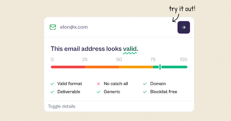 mailsdotso's tweet photo. Unbeatably simple email validation 👇🏼