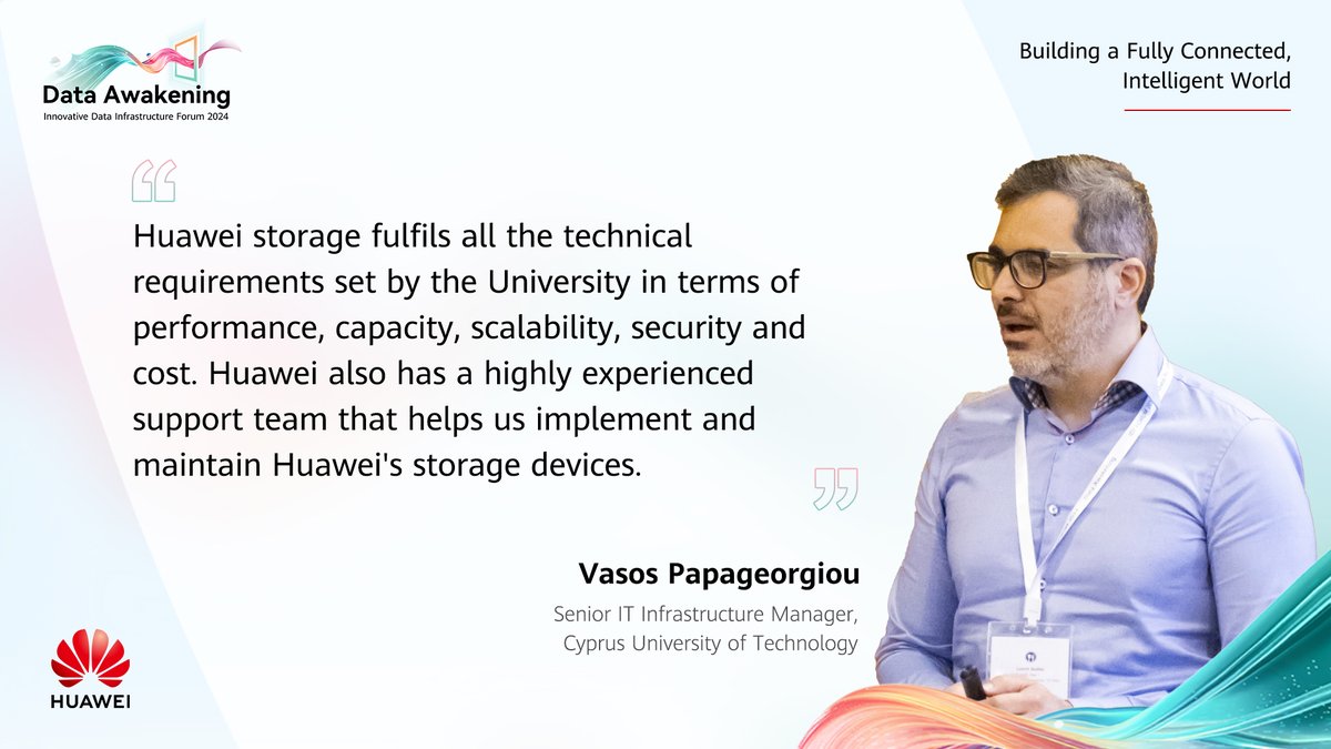 HuaweiEnt's tweet image. Vasos Papageorgiou from Cyprus University of Technology drops by #HWIDI to share his experience with Huawei solutions. Hear what he had to say here: bit.ly/43iV4vv #HuaweiStorage #DataAwakening
