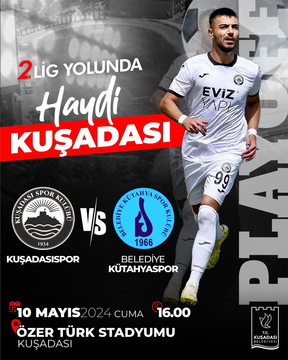 Haydi Kuşadası! 🖤🤍 Kuşadasısporumuz 2. Lig yolunda 10 Mayıs Cuma günü saat:16.00’da Özer Türk Stadyumu’nda rövanş maçına çıkıyor! Tüm halkımızı kentimizin takımını desteklemeye bekliyoruz!