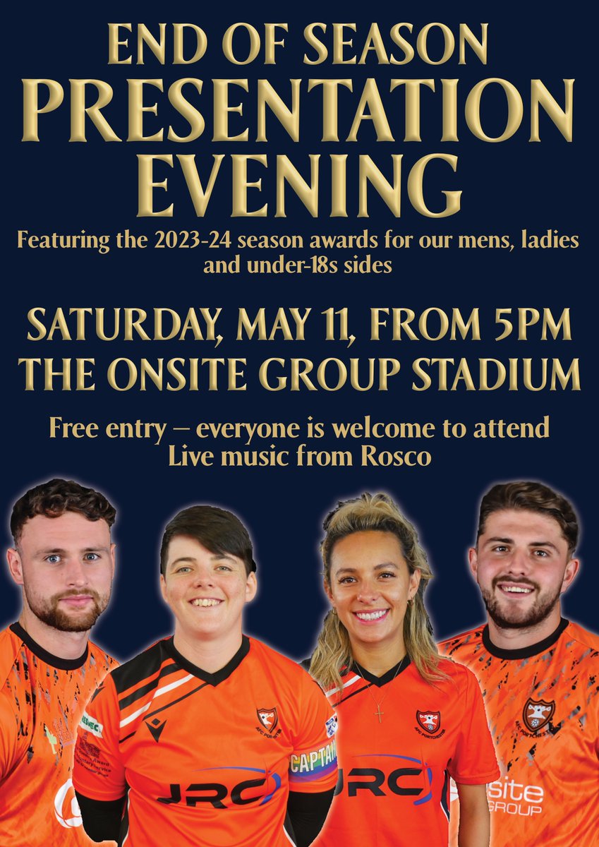 Don't forget it's end of season presentation evening at The OnSite Group Stadium this Saturday from 5pm. All welcome, free entry. Music from Rosco too. Awards to be presented for the mens, ladies and under-18s teams.