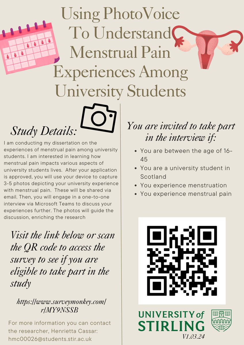 My @stirhealthpsych MSc student needs university students in Scotland to take part in a #photovoice study on experiences of period pain. For info/to sign up: surveymonkey.com/r/MY9NSSB @4mhealth @PeriodPositive @Period_Poverty @PeriodPovertyUK @periodofperiod @PeriodposSctlnd