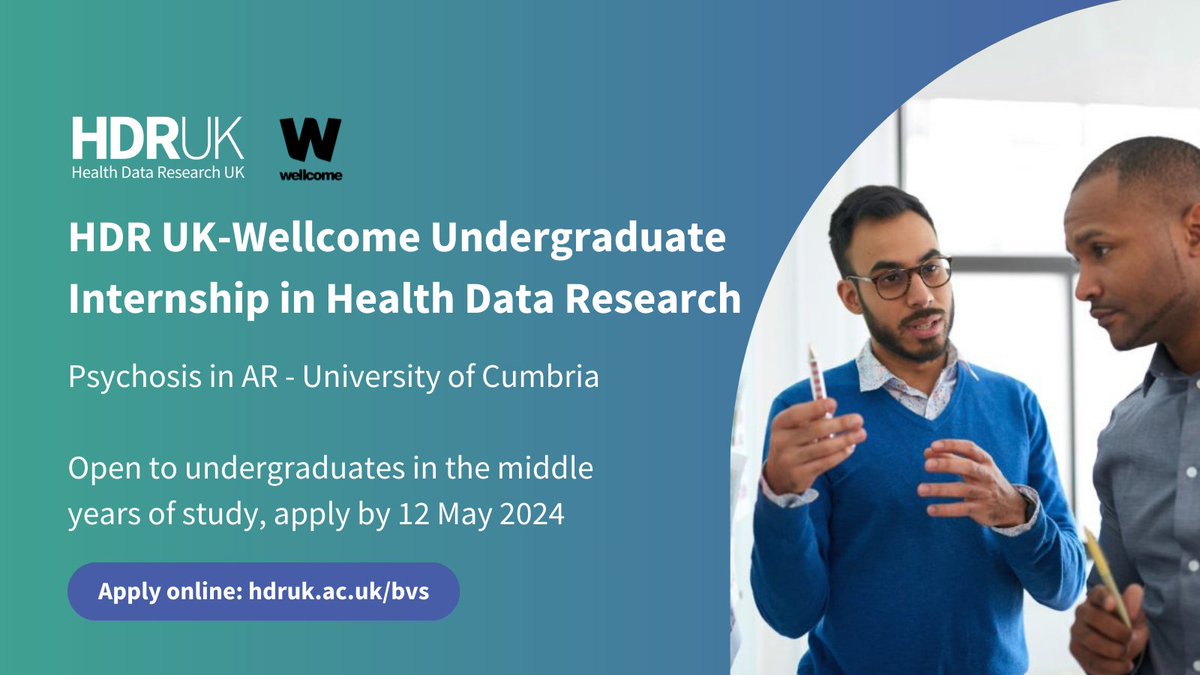 We have a paid health data research internship available @CumbriaUni focusing on 'AR in Psychosis'. You'll be involved in designing and developing an #AugmentedReality simulation for health students around psychosis. 

Apply online: hdruk.ac.uk/bvs 

@CumbriaUniSci…