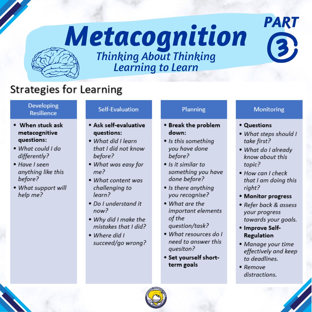 METACOGNITION – PART 3
‘Learning to Learn’ continues… Once you’ve identified your learner ‘type’, from Part 2, consider the strategies below to help your thinking progress.
#parkstonegrammarschool #metacognition #learningtolearn #thinkingaboutthinking