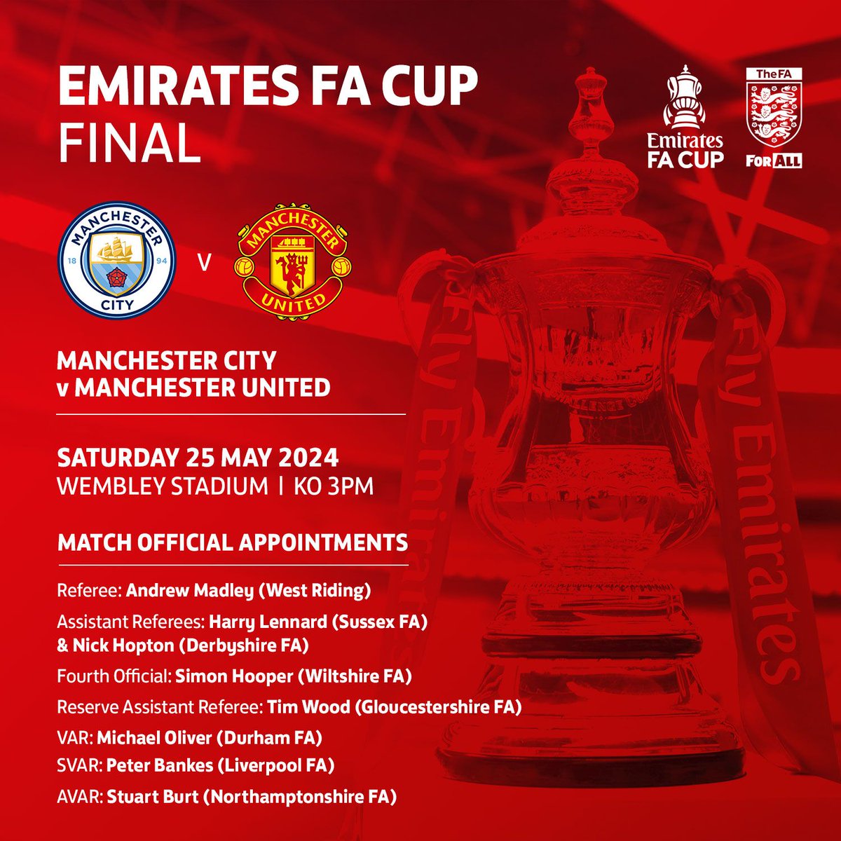 The match officials have been confirmed for this season's @EmiratesFACup Final. 🏆 Huge congratulations to everyone on their prestigious appointments. 👏 More ➡️ the-fa.com/3bg44w #EmiratesFACup