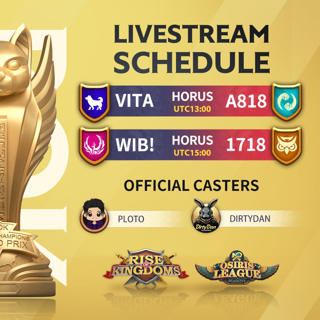 Hi Governors, the third round of Osiris League Season 8 Group Stage is going to kick off on May 12th. ⏰Set your alarm for the livestreams and join us on Youtube this Sunday! 13 UTC: VITA vs. A818 youtube.com/watch?v=he3R30… 15 UTC: WIB! vs. 1718 youtube.com/watch?v=mr_iG5…