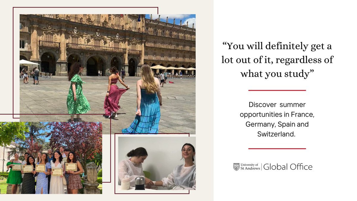 To celebrate #Europeday, we will be sharing opportunities and celebrating our European links. Undergraduates @univofstandrews can apply for summer language programmes in 🇫🇷🇩🇪🇪🇸🇨🇭. Apply by 15 May. Read about @StAndMedicine student Ella's time in Spain: studyabroad.wp.st-andrews.ac.uk/2024/05/07/you…