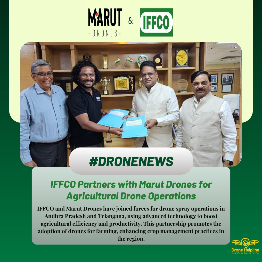 🌱 Exciting news! @iffcokisan partners with @Marutdrones1 to revolutionize farming in Andhra Pradesh and Telangana with innovative drone technology. 🚜🌾 #Drones #UAV #DFI #DroneHub #AgriculturalInnovation #DroneTechnology #dronehelpline Read More: bit.ly/44xYwD6