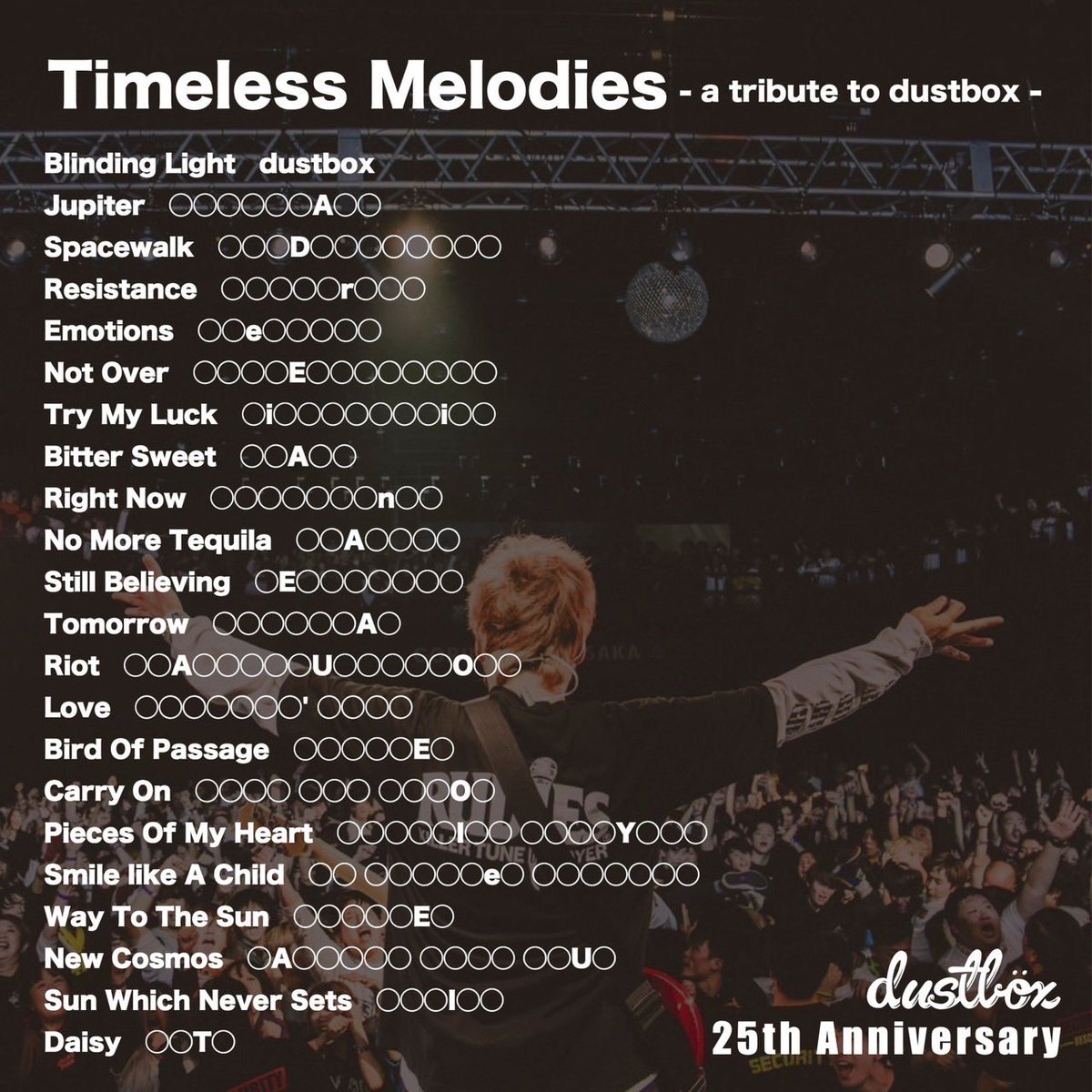 dbx_official's tweet photo. 【NEWS】

2024.07.03発売！
dustbox トリビュートアルバム
『Timeless Melodies』

��録曲公開！&amp; 参加バンド名一部公開！！

アルバムの全貌の発表はもうしばらくお待ちください！

#dustboxトリビュート
#バンド予想 https://t.co/HRNxFSv5FQ