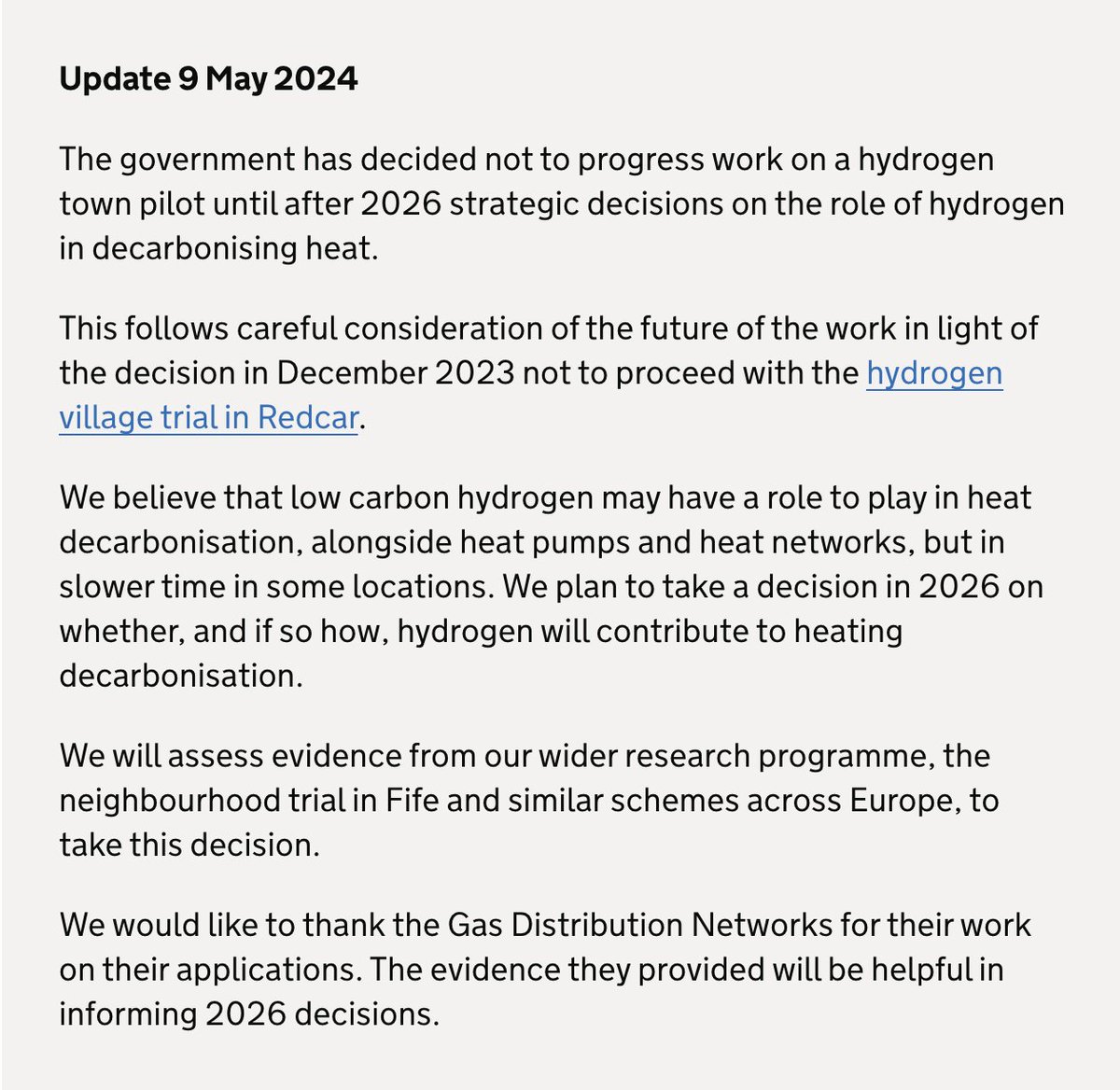 Another big blow for hydrogen heat as UK govt scraps plans for a 'hydrogen town' trial of 10,000 homes Follows decisions last yr to scrap 2,000-home 'hydrogen village' trials in Redcar & Ellesmere Port (No independent studies back hydrogen heat anyway) gov.uk/government/pub…