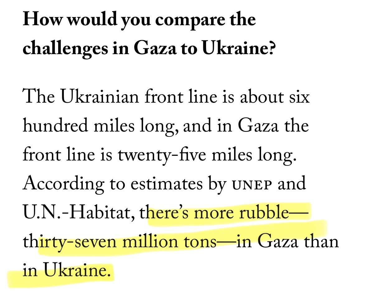 “La linea del fronte ucraino è lunga circa 600 miglia, a Gaza il fronte è lungo 25 miglia. Secondo stime dell’UNEP e di U.N.-Habitat, ci sono più macerie – 37 milioni di tonnellate – a Gaza che in Ucraina” – Charles Birch, responsabile dell’United Nations Mine Action Service.