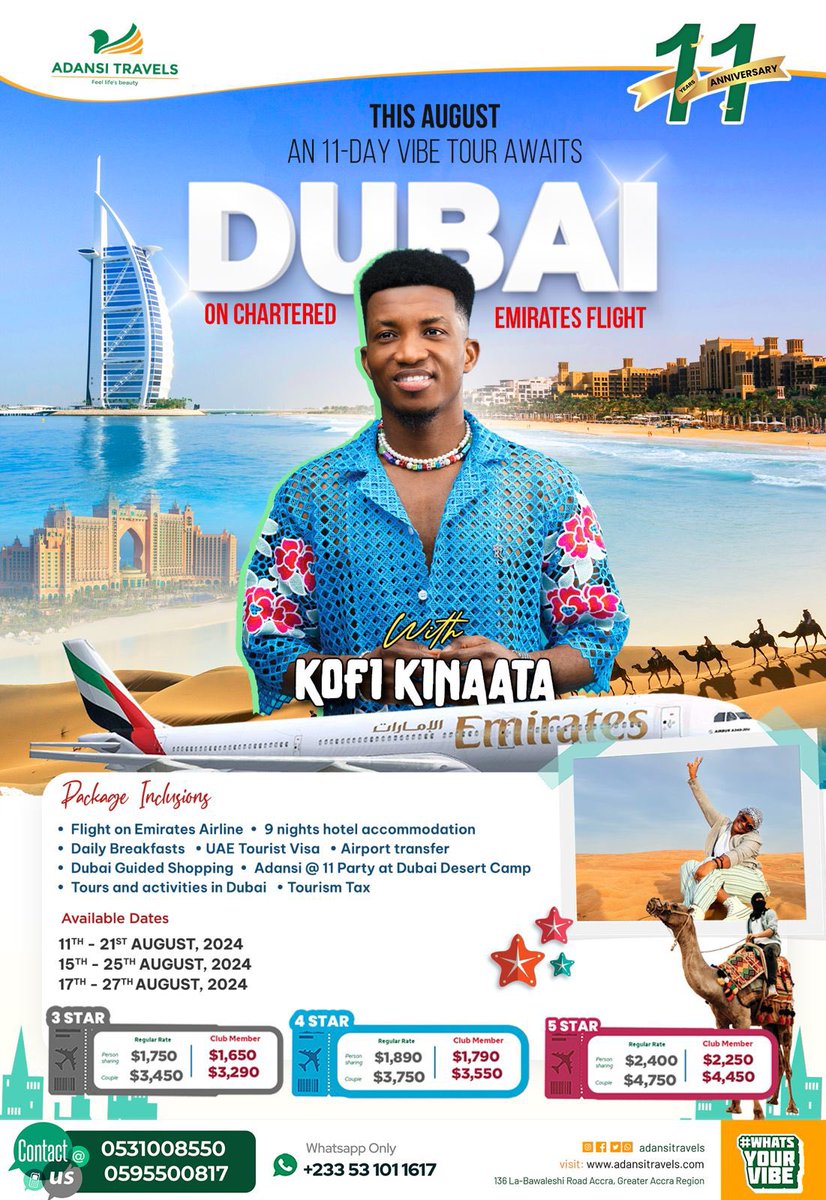 Who is joining me?? ✌🏾😊 This August, we are partying 💃🏽🕺🏾 in •Dubai 🇦🇪 on the 19th of August & in •Cape Town, South Africa 🇿🇦 on the 24th of August. Hurry and book your seat today! @adansitravels ☎️: 059 550 0817/ 053 102 9100 #Adansiat11 #KofiOOKofi #TeamMooove