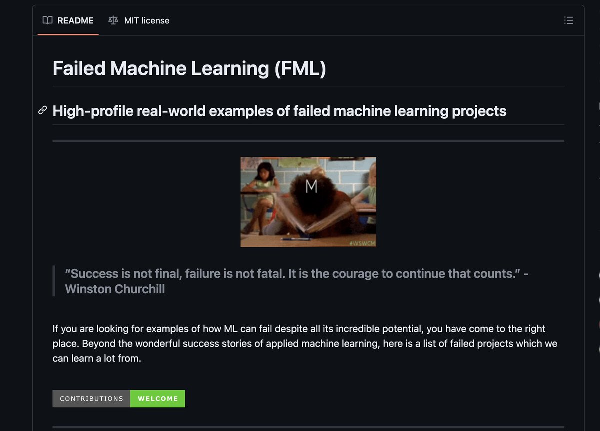 makine öğrenmesi şöyle yapay zeka böyle ama başarısız azımsanamayacak kadar proje var. büyük firmaların başarısızlıkla sonuçlanan projelerini github reposunda toplamışlar: github.com/kennethleungty…