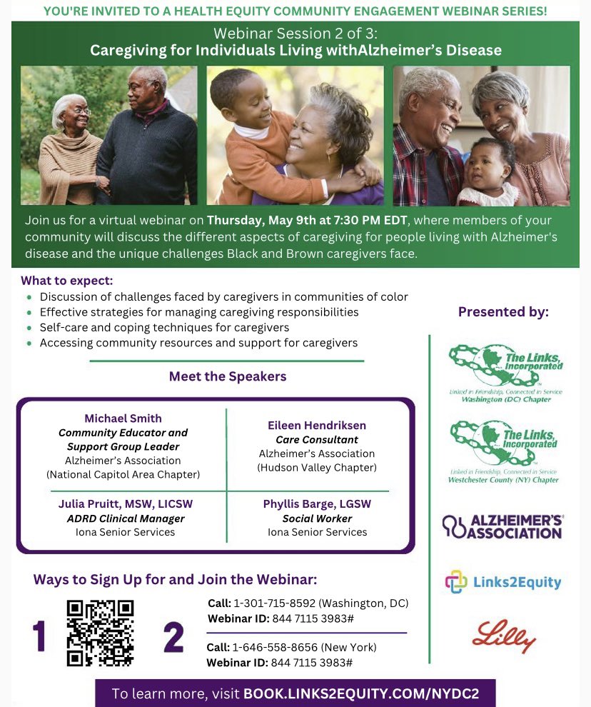 Webinar #2 -tonight at 7:30 PM ET where we will explore the journey of caregiving for individuals with Alzheimer's disease and learn about the unique challenges Black and Brown caregivers face. Click this link to learn more and register today: book.links2equity.com/NYDC2/