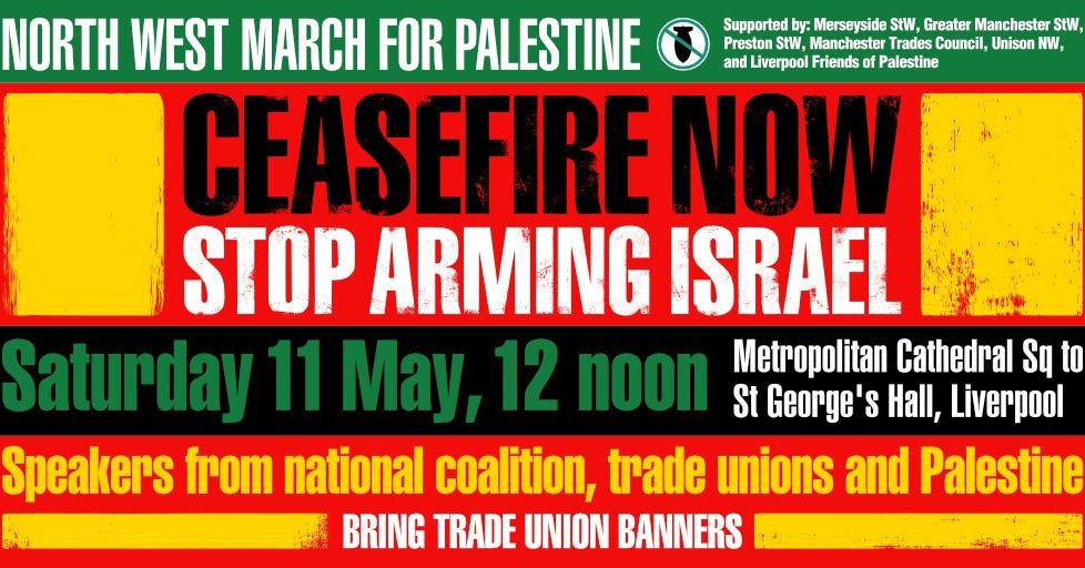 Join us and thousands around the country in solidarity with palestine, there will be a North West for Palestine march and rally starting at Liverpool Metropolitan Cathedral on May 11th at 12pm #Palestine #FreePalestine #Peace #CeasefireNow #NoToWar