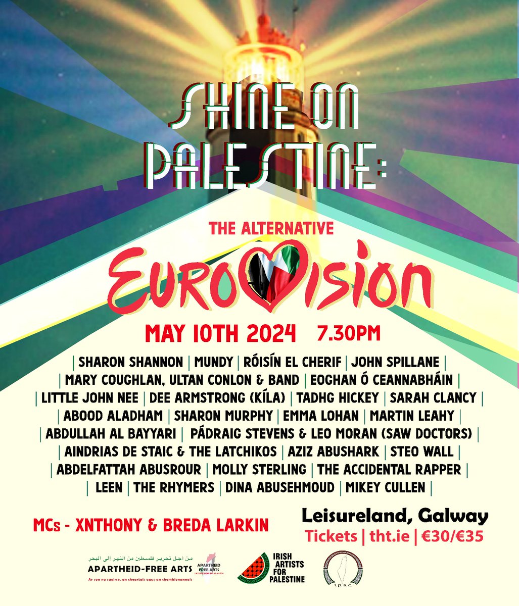 Shine on Palestine, an alternative Eurovision event, takes place in Leisureland tomorrow night The line-up includes Sharon Shannon, Mary Coughlan, Little John Nee, Tadhg Hickey and many more Tickets: tht.ticketsolve.com/ticketbooth/sh… @ApartFreeArts @_IAFP