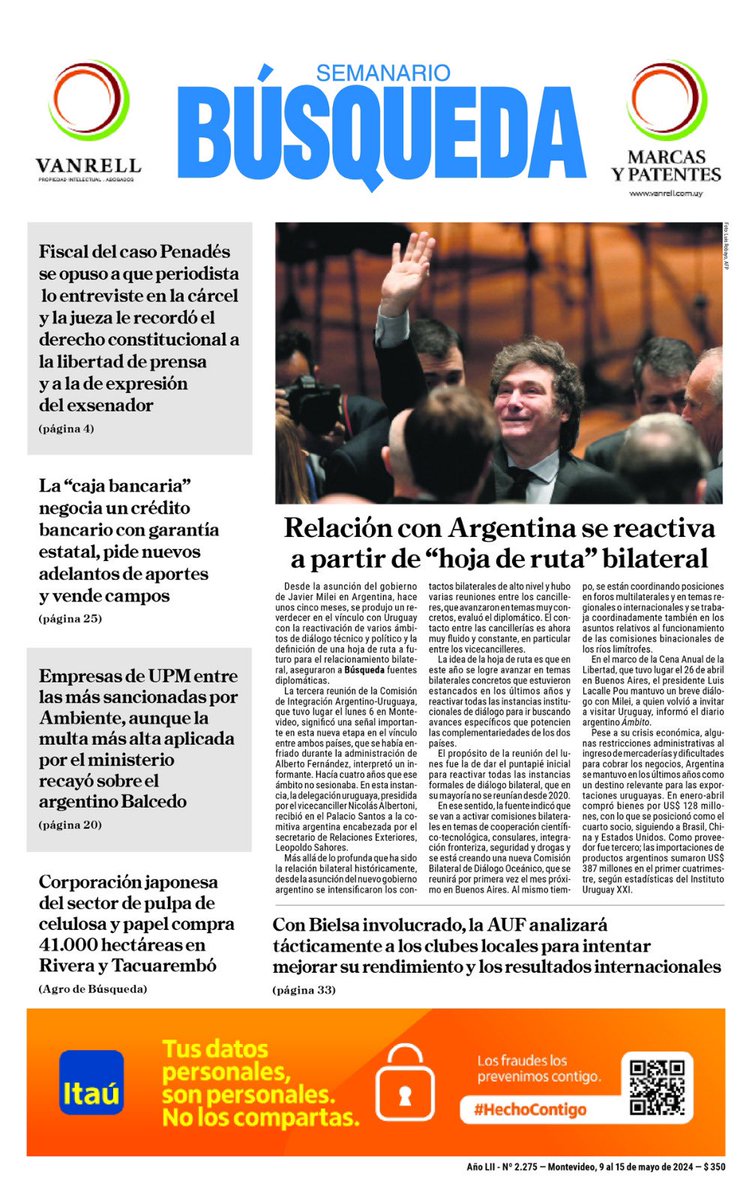 Fiscal se niega a que Penadés sea entrevistado y jueza le recuerda la Constitución; japoneses compran 41.000 hectáreas en Rivera y Tacuarembó; y AUF junto a Bielsa buscan hacer más competitivos a clubes locales en el exterior. Leelo en @busquedaonline. No dejes que te lo cuenten.