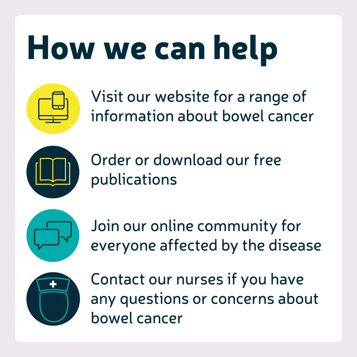 Looking for support with #BowelCancer? We're here for you every step of the way. Explore our comprehensive resources and support services here👇 bit.ly/3gASDMZ