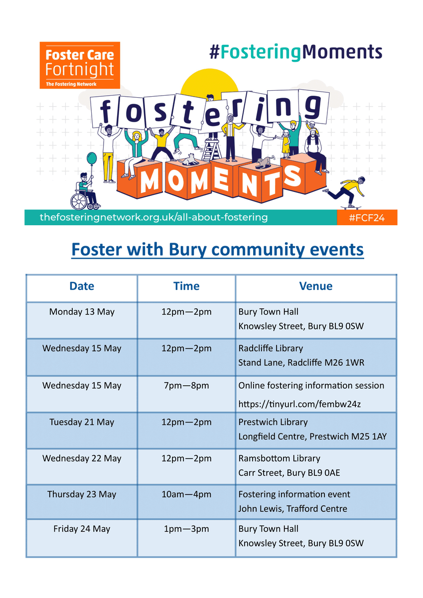 Next week is the start of Foster Care Fortnight, events are taking place across bury for anyone interested in fostering to find out more and speak with other foster carers about their experience! 
#FosterCareFortnight #FosteringMoments