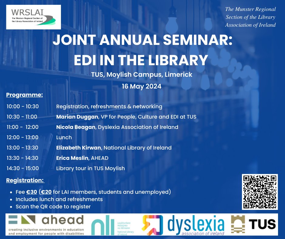 1 week to go! ⌛️ Not long now until our annual seminar on 'EDI in the Library' in TUS, Moylish Campus, Limerick. Registration is still open so don't miss out and secure your place now: bit.ly/3WkLzdR @TUS_LibraryMW @TUS_LibraryMD @NLIreland @aheadireland @DyslexiaIreland