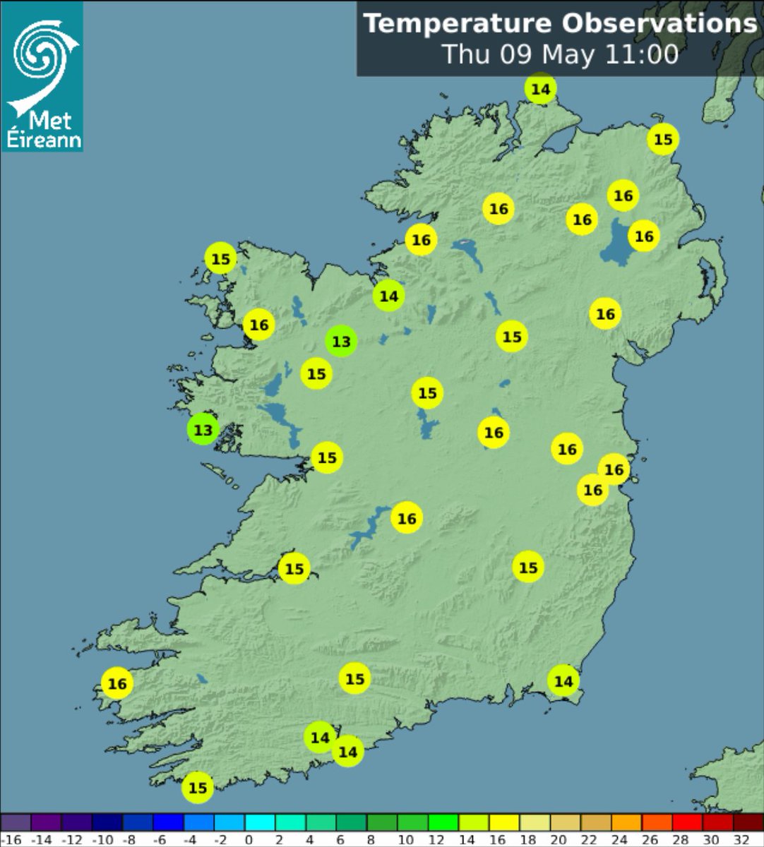 #AfternoonUpdate

Warm & dry this afternoon & evening with a mix of cloud & spells of sunshine ⛅️☀️

Highs of 16-20°C with light winds 🌡️📈

More here 👇
met.ie/national-forec…

Latest satellite & air temperatures below 🛰️🌡️