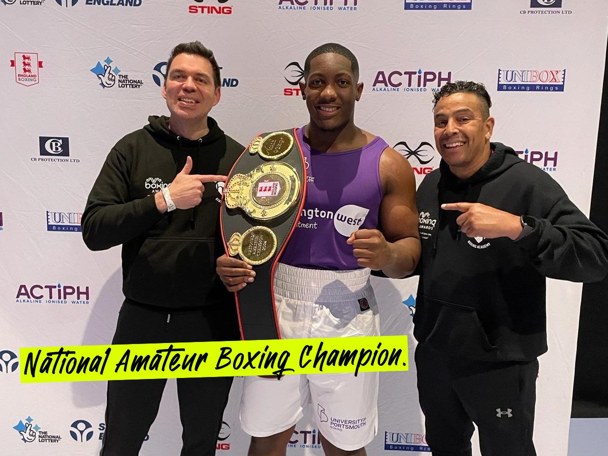 Congratulations to our Sports Scholar Derrick Osadolor who became Amateur Boxing Champion with a knockout in the first round with 34 seconds left on the clock 🥊 🏆 Read more about our national champion: bit.ly/4dw0Gas #PortsmouthUni #UOPSport