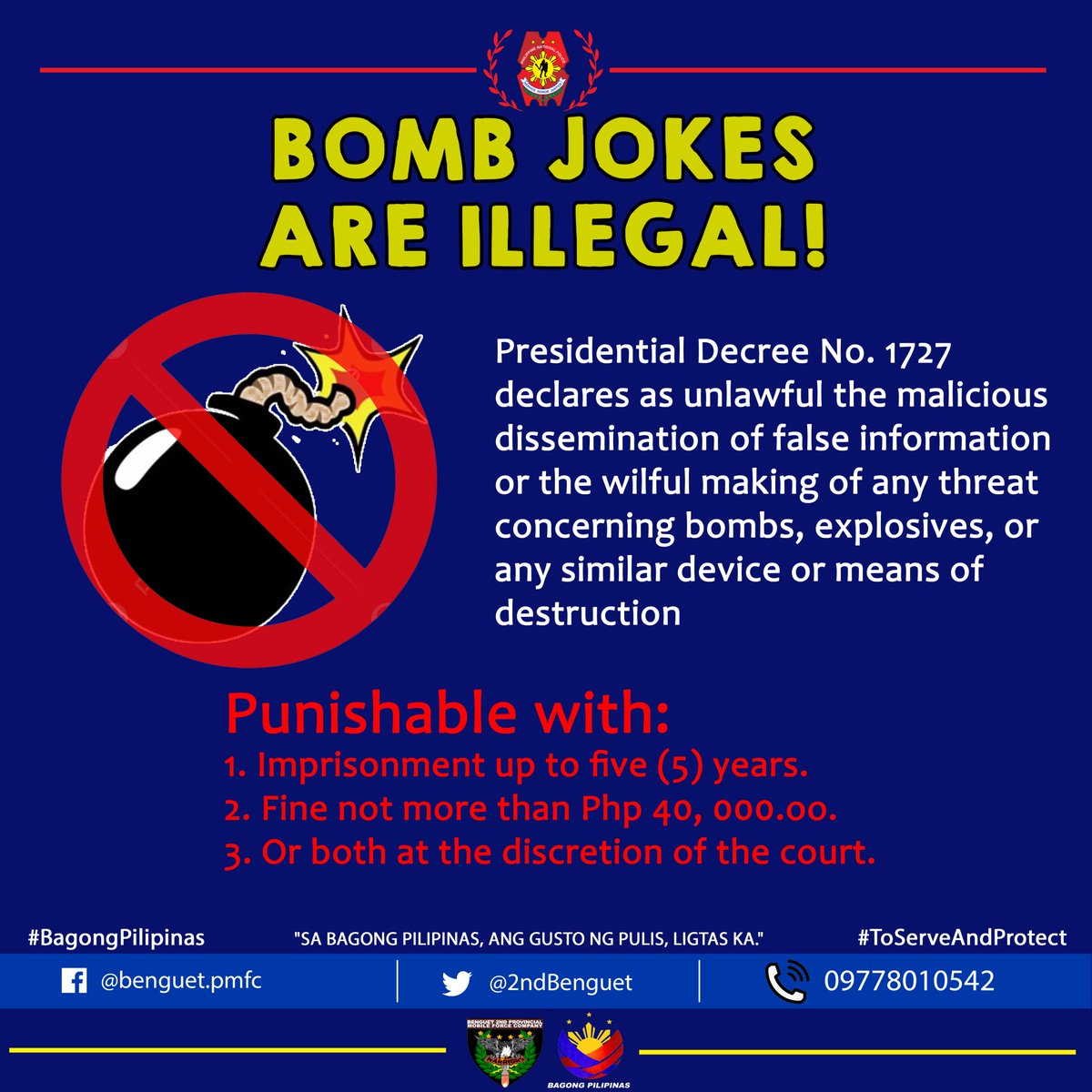 Bomb Jokes are Illegal! '𝙎𝙖 𝘽𝙖𝙜𝙤𝙣𝙜 𝙋𝙞𝙡𝙞𝙥𝙞𝙣𝙖𝙨, 𝙖𝙣𝙜 𝙂𝙪𝙨𝙩𝙤 𝙣𝙜 𝙋𝙪𝙡𝙞𝙨, 𝙇𝙞𝙜𝙩𝙖𝙨 𝙆𝙖' #BagongPilipinas #ToServeandProtect