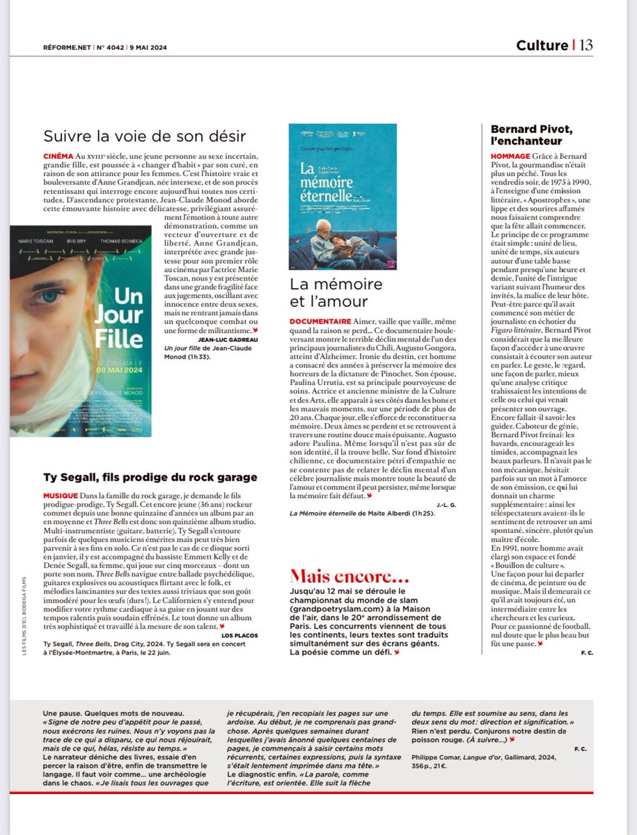 Je vous parle, dans le numéro de cette semaine de @ReformeHebdo, de deux films avec de fortes valeurs humanistes ajoutées, en salles depuis hier. - Un jour fille de Jean-Claude Monod - La mémoire éternelle de Maite Alberdi @LesFilmsdIci @Bodega_films