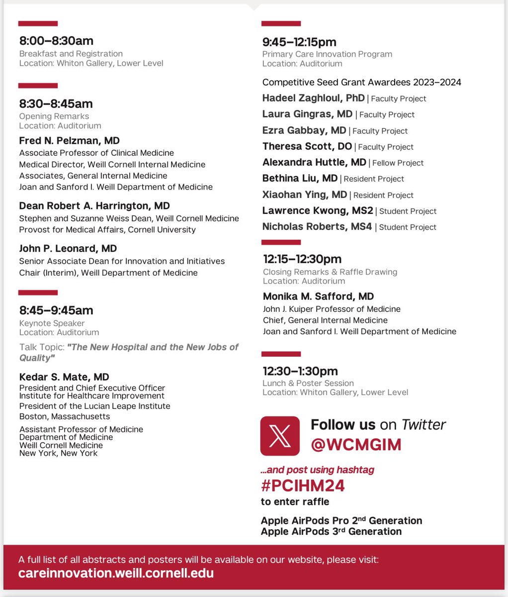 Did you know you can join the 7th Annual Primary Care & Hospital Medicine Innovation Symposium ONLINE? 🎉Happening today, May 9 ⏰From 8:00am-1:30pm EST Please register here for the Zoom link: weillcornell.zoom.us/meeting/regist…