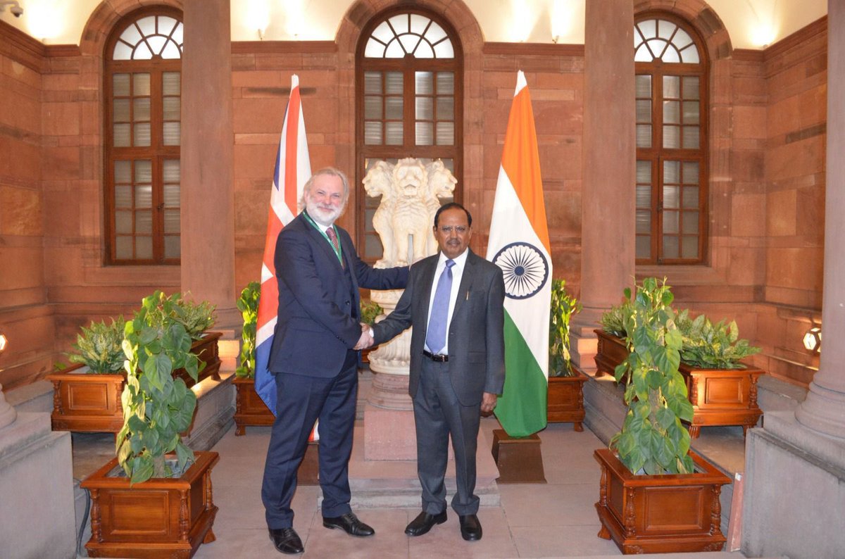 UK NSA, Sir Tim Barrow met Indian NSA #AjitDoval. Both discussed bilateral issues and regional and global matters of mutual interest. Barrow is visiting India for two days for the India- UK Strategic Dialogue