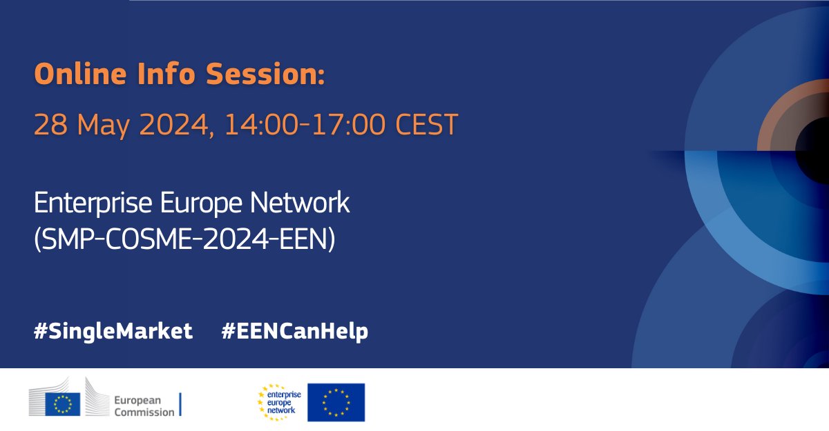 Ready to drive #innovation and growth for #SMEs? Discover all about the new Enterprise Europe Network call at our info session! 🗓️ 28 May ⏰ 14:00-17:00 CEST No registration needed. Learn more 👉 europa.eu/!g3GKkj #SingleMarket #EENCanHelp