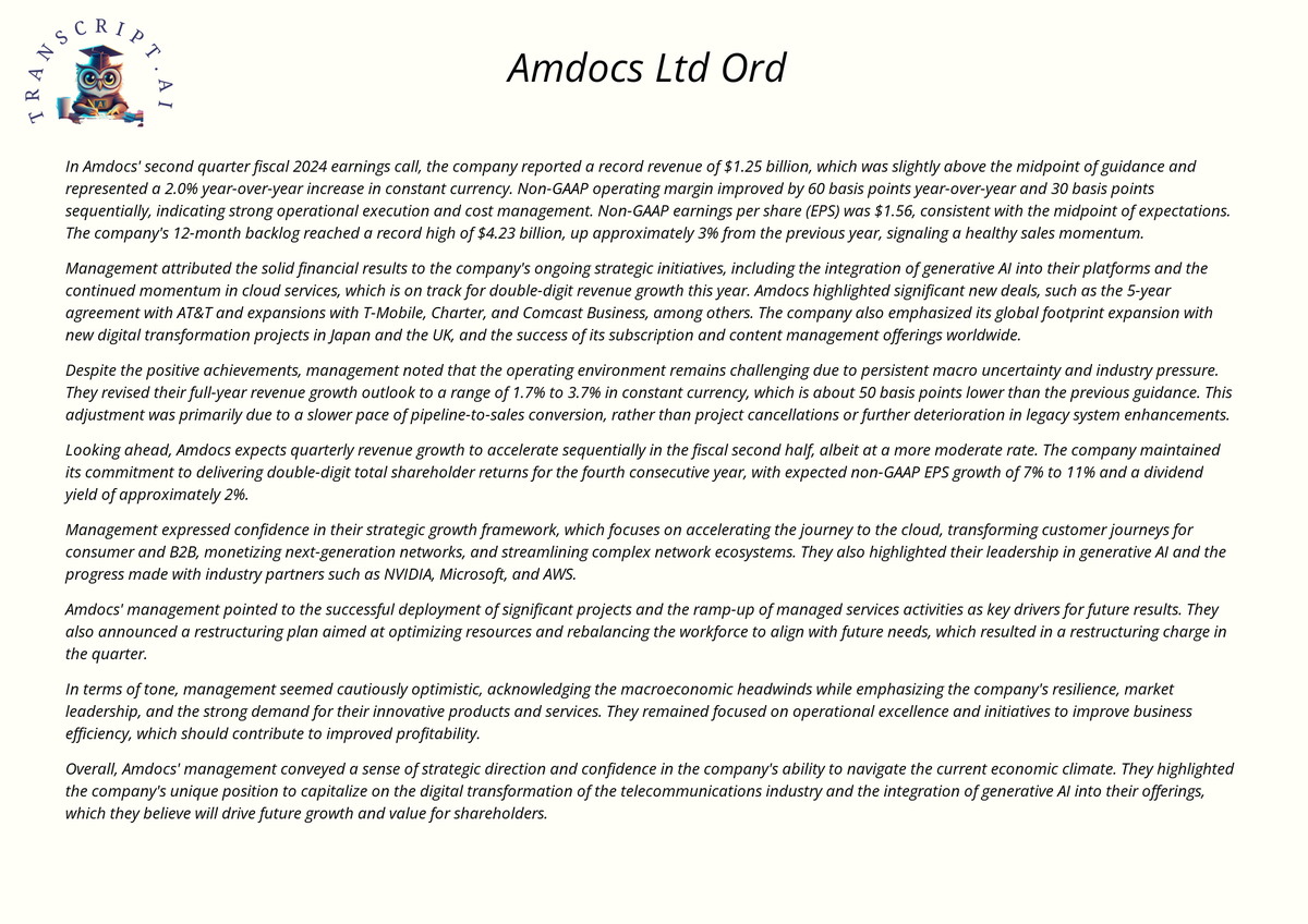 $DOX Earnings call summary of Amdocs Ltd Ord : Management displayed a cautiously optimistic tone, exuding confidence in strategic plans and future growth. #Earnings #EarningsCall #EarningsTranscript #DOX