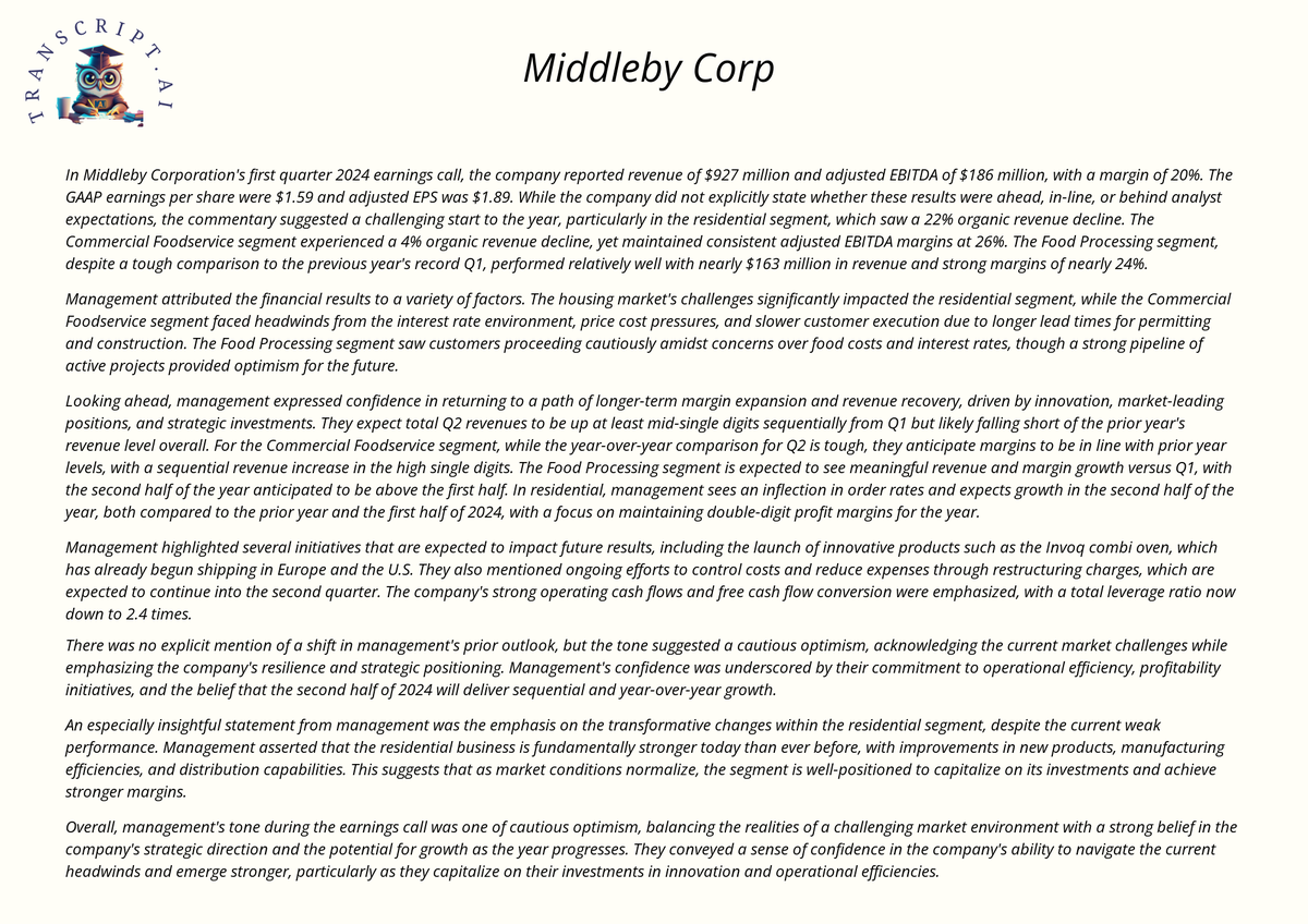 $MIDD Earnings call summary of Middleby Corp : Management's tone was optimistic and confident, conveying strong future prospects and clear strategic direction. #Earnings #EarningsCall #EarningsTranscript #MIDD