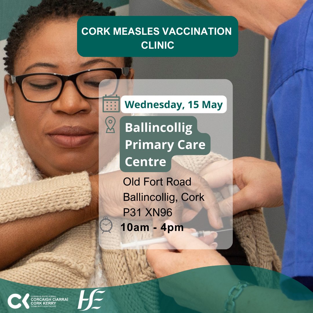 ❓Is it time to get the second dose of your MMR vaccine? ➡️Make sure you're protected by joining us next week to get your free MMR vaccine 📅Wednesday, 15 May 📍Ballincollig Primary Care Centre 🕔10am - 4pm 🧑‍💻www2.hse.ie/services/mmr-v…