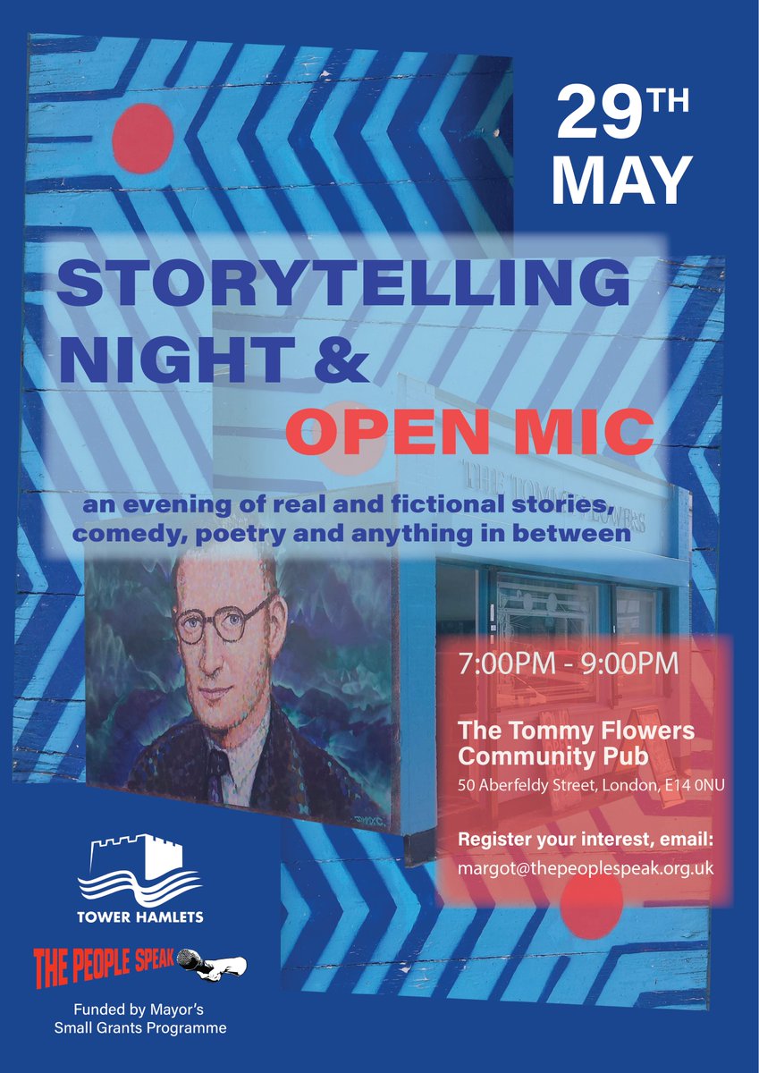 .@thepeopletweet are looking for East Londoners who write poetry or do a bit of comedy for their Storytelling & Open Mic Night at #TommyFlowers Community Pub on Wed 29 May. 1st time performers & over 50s especially welcome thepeoplespeak.org.uk/event/call-out…… Supported by @TowerHamletsNow