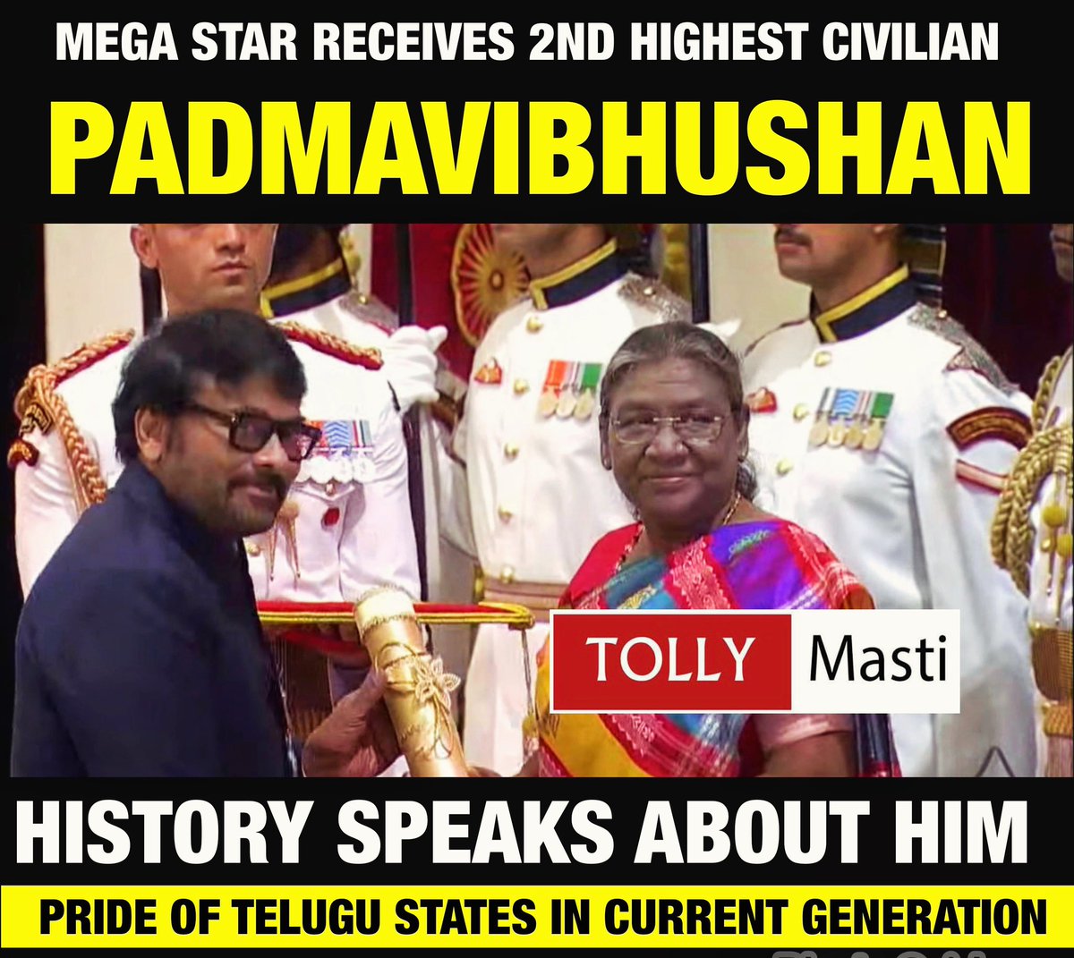 Our Telugu Cinema Pride MEGASTAR #Chiranjeevi garu Receiving 2nd Highest Civilian Award of India #PadmaVibhushan 🇮🇳 Boss @KChiruTweets #MegastarChiranjeevi #PadmaVibhushanChiranjeevi Follow us 👉 @tollymasti