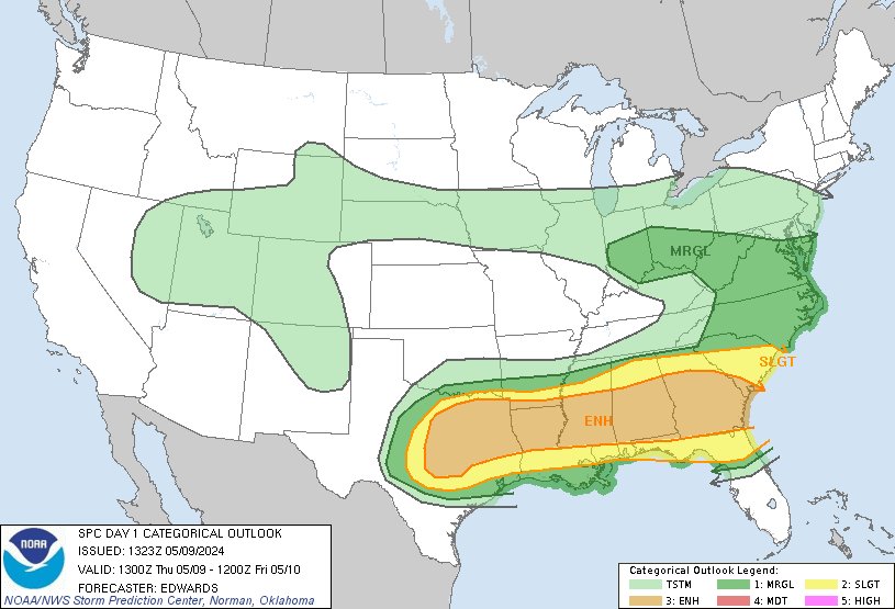 8:25am CDT #SPC Day1 Outlook Enhanced Risk: from central Texas to parts of the Georgia/South Carolina Coast spc.noaa.gov/products/outlo…