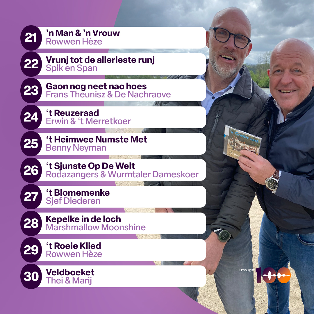 V'r gaon nog neet nao hoes, want we naderen de apotheose van de #Limburgse100! Dit zijn de liedjes van plek 21 tot en met 30. 🤩