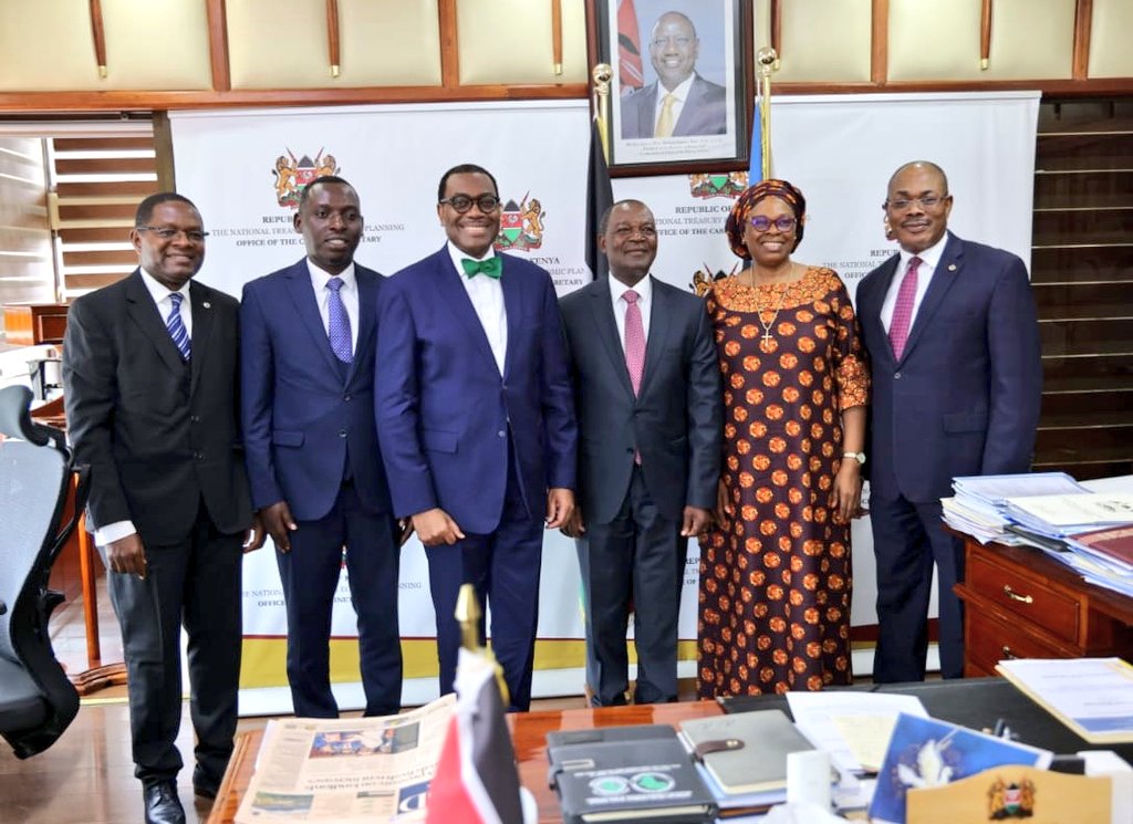Today, CS Prof Njuguna Ndung’u welcomed Dr. @akin_adesina, President of @AfDB_Group, who paid him a courtesy visit. Dr. Adesina, who is in Kenya in regard to the upcoming #AfDB 2024 meetings, was accompanied by a team that included the bank's Secretary-General, @vincentNmehiel1.