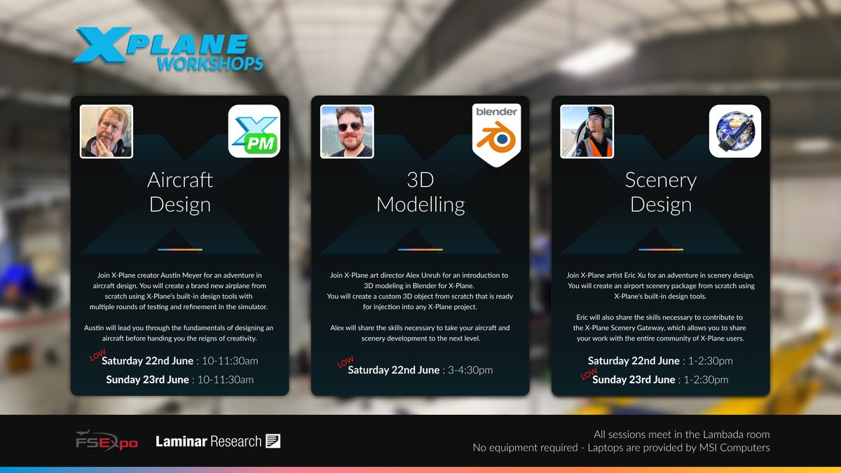 XPlaneOfficial's tweet image. Gear up for an amazing weekend at @flightsimexpo with Laminar! Join us for 90 minutes of hands-on workshops on aircraft design, scenery design, and 3D modelling. ✈️💻

Book now while slots are still available! flightsimexpo.com/activities