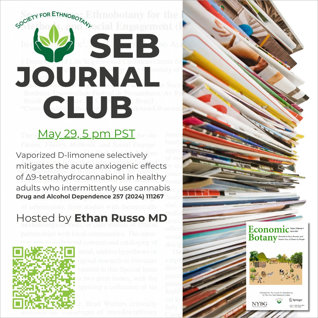 SEB members are invited to join Dr. Ethan Russo for the inaugural #SEBJournalClub, moderated by SEB member, Dr. Jim Bauml, on May 29, 5pm PST.

To access the article, learn about the speaker, and to register for this free virtual event, visit: ethnobotany.org/home/education…

#SEBevents